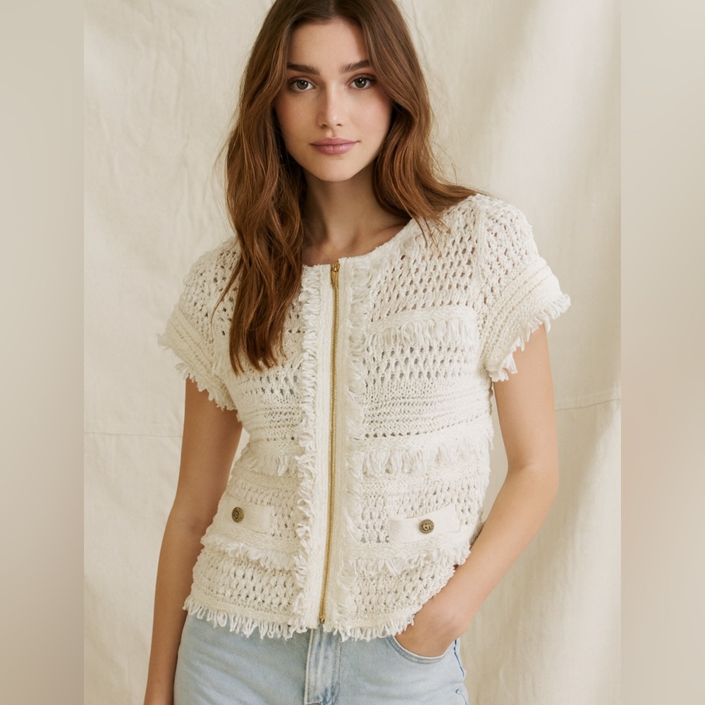 Cache Cream Knit Short Sleeve Jacket Sweater